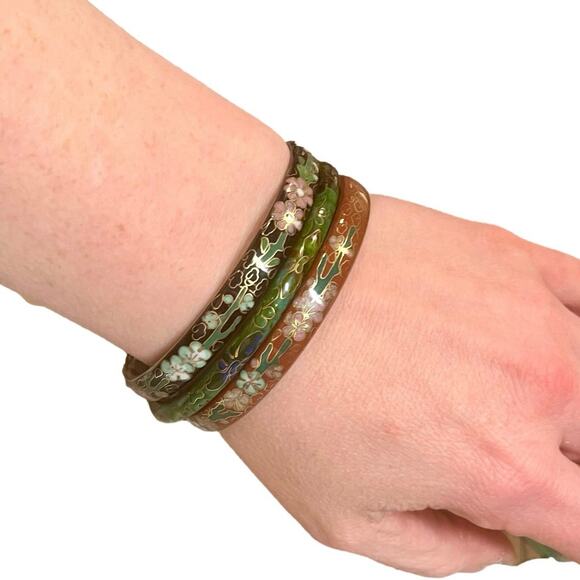 Vintage Cloisonné Enamel Bangle Bracelet Set of 3 Floral Chinoiserie Stackable - Picture 2 of 12